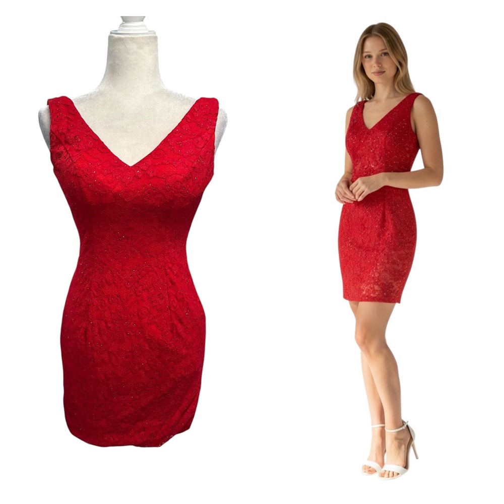 Alyce Paris Womens Size 0 Red Lace Beaded V Neck Sheath Cocktail Dress Valentine
